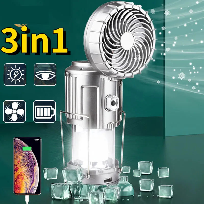 6 in 1 portable outdoor LED camping lantern with fan solar charge rechargeable
